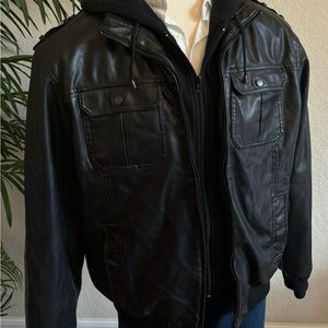 BUFFALO DAVID BITTON FAUX LEATHER COAT SIZE XL BLACK HOODED JACKET ONE PIECE ZIP